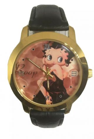 Betty Boop Wristwatch Quartz Watch Gold Case Black Leather Strap Betty Boop Gown