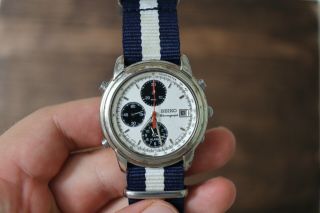 Vintage Seiko Quartz Chronograph Mens 37mm Steel Watch 7t32 Panda