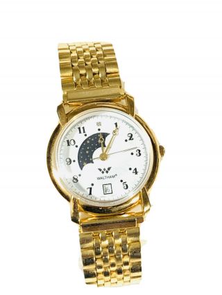 Vintage Waltham Moon Phase Quartz Goldtone Wrist Watch Nos (1256m)