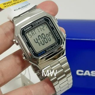 Casio Men Ladies Digital Alarm Quartz Timer Silver Watch A178wa - 1a Stopwatch