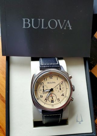 Bulova Chronograph Beige Dial Ss Black Leather Quartz Mens Watch 96b231 Box Set