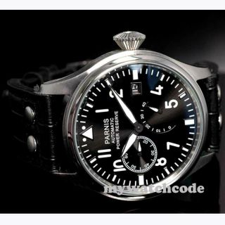 47mm Parnis Black Dial Power Reserve Date 2530 Automatic Black Strap Mens Watch