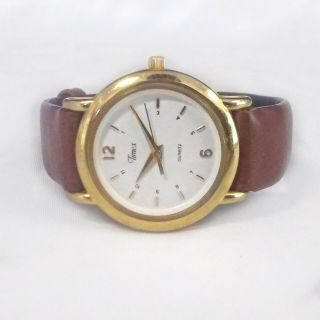 Vintage Timex Classic Watch Gold Tone Brown Leather 1991 26mm Womens