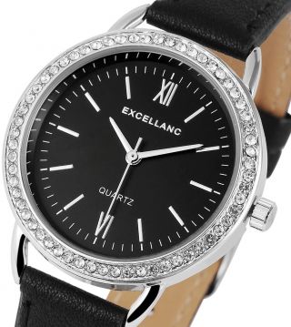 Damen Armbanduhr Schwarz/silber Crystal Kunstlederarmband Von Excellanc 190/080