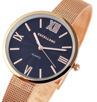 Damen Armbanduhr Blau/roségold Metallarmband Meshband Von Excellanc 1300001