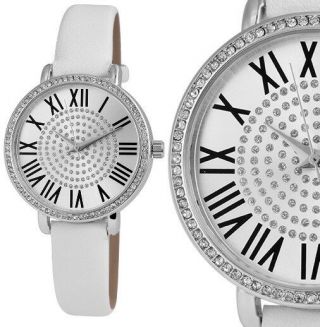 Damenuhr Armbanduhr Weiss/silber Crystal - Besatz Kunstlederarmband Von Excellanc