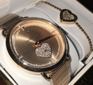 Michael Kors Portia Rose Gold Crystal Heart Sub - Dial Mk4468 Watch & Bracelet Set