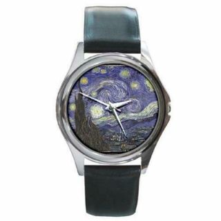 Starry Night By Van Gogh Silver Tone Round Metal Watch Black Leather Band