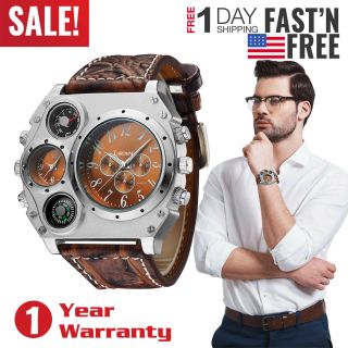 Men’s Quartz Watch Two Time Zone Big Face Military Compass Dial Pu Leather Band