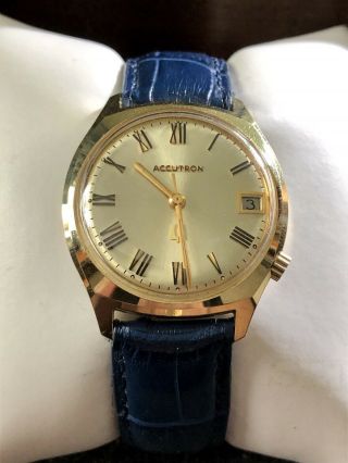 Bulova Accutron N3 (1973) 218 10k Rg Back Gold Electroplate Watch With Blue Band