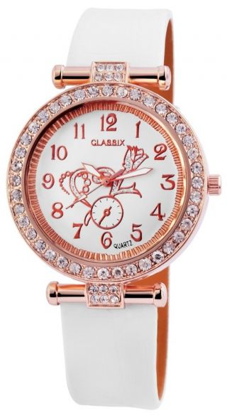 Classix Damenuhr Analog Armbanduhr Lederimitationarmband Weiß Crystal Besatz Uhr