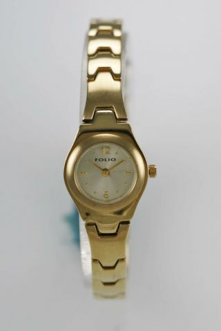 Folio Watch Womens Gold Stainless Steel Water Resist Battery Champagne Quartz