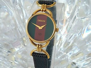 Vintage Gucci 6000l18kgp 6 Jewels Red - Green Dial Brown Leather Women 