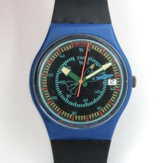 Vintage 1986 Swatch Watch Rotor Gs400 Gent Size W/ Date Blue Black Red Gs 400