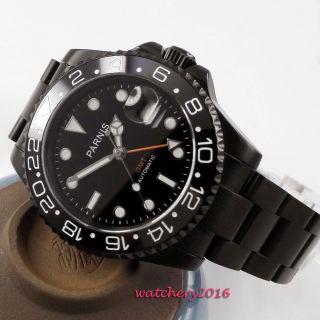 40mm Parnis Black Dial Pvd Case Sapphire Glass Gmt Automatic Movement Mens Watch