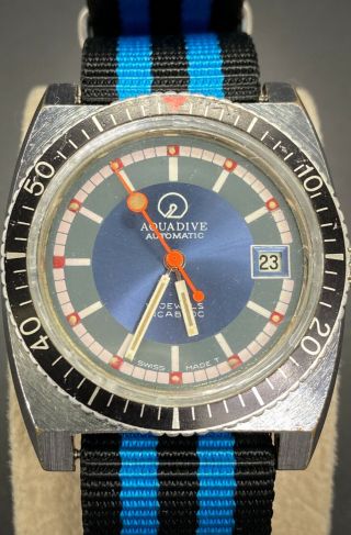 C.  1970 Aquadive 17j Swiss Dive Watch 37mm,  Blue Shark Nato Strap -