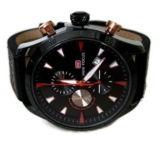 Mens Chronograph Watch Mini Focus Mf0011g Black Leather Band,  Casual Watch 3atm
