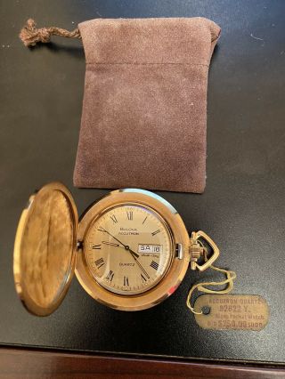 Bulova Accutron Gold Plated Vintage Pocket Watch With Tag And Pouch.