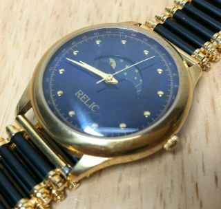 Relic By Fossil Men Lady Moon Phase Gold Tone Analog Quartz Watch Hours Batt