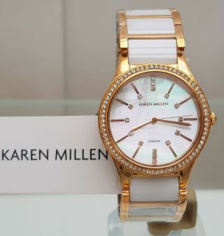 Karen Millen White Ceramic Bracelet Ladies Watch Mother Of Pearl Rrp £230 (km2