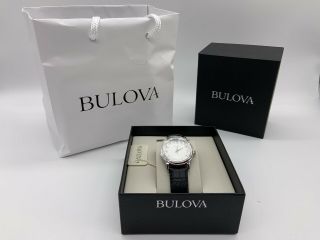 Bulova Women’s Watch 96t58 Silver Colored Dial & Bezel Black Leather Strap
