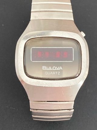 Vintage Bulova Men Silver Steel Red Led Digital Watch Estate Find