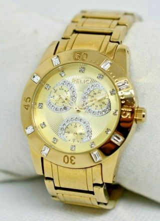 Ladies Relic By Fossil " Beth " Gold Stainless Steel Watch Crystal Accents Zr15681
