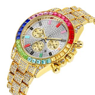 Reloj De Lujo Oro Colorido Para Hombres Cuarzo Cronógrafo Elegante Negocios Moda