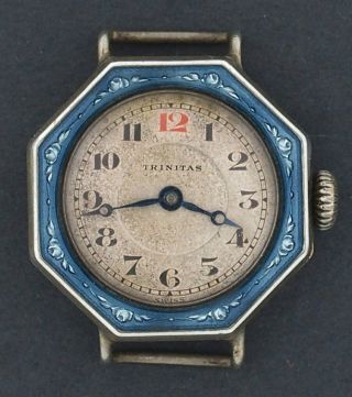 Vintage Swiss Ladies Trinitas Blue Enamel & Silver Wrist Watch W084