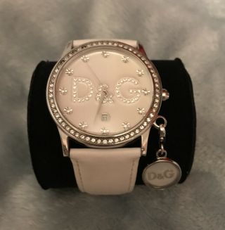 D & G Womens White Leather Strap Crystal Watch With Charm