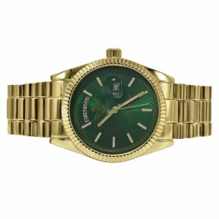 Mens Green Dial Face 18k Gold Tone Day/date Function Steel Back Metal Band Watch