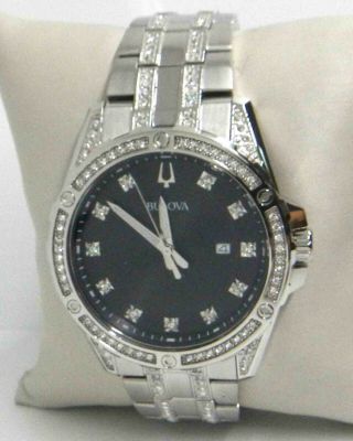 Bulova Crystals Black Dial Stainless Steel Dress Watch 96k104 $550.  00