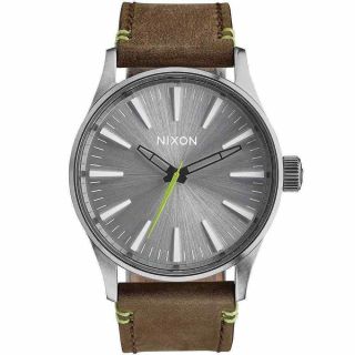 Nixon Sentry 38 Brown/ Lime Leather Strap Watch A377 2290 / A377 - 2290 / A3772290