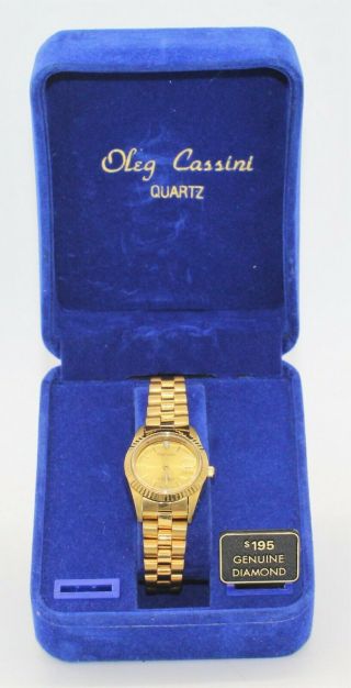 Mib Vintage Oleg Cassini Ladies Quartz Diamond Gold Tone Watch -