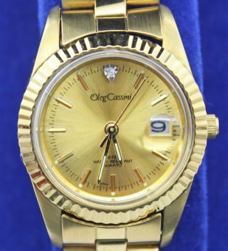 MIB Vintage OLEG CASSINI Ladies Quartz Diamond Gold Tone Watch - 2