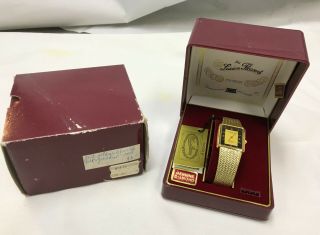Nos Vintage Lucien Piccard Dufonte Rectangular Gold Mesh Diamond Mens Watch
