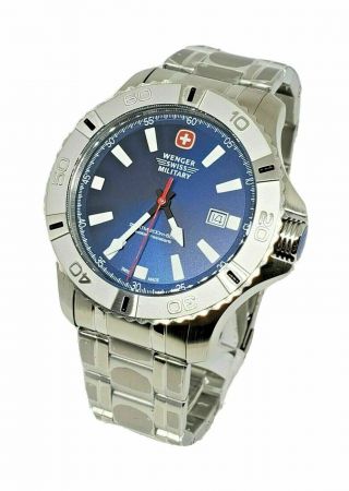 Wenger Mens 01.  9041.  211c Swiss Military Navy Dial Stainless Steel Watch