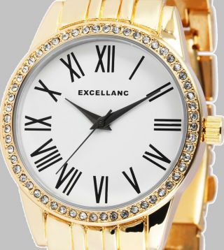 Damenuhr Armbanduhr Quarz Analog Weiss Gold Kristallbesatz 180/166 Excellanc