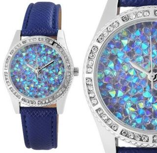 Damenuhr Armbanduhr Blau Silber Crystal - Besatz Kunstlederarmband Von Excellanc