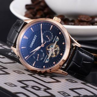 44mm Corgeut Luxury Black Dial Gold Marks Day Automatic Men 