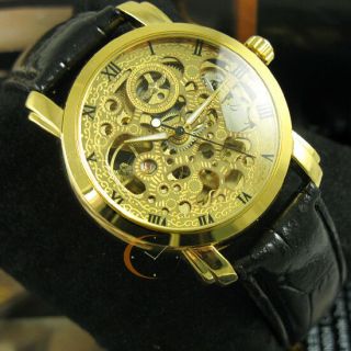 Vintage Mens Automatic Mechanical Gold Skeleton Black Leather Wrist Watch