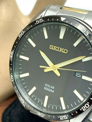 Seiko Mens Watch Sne485 Solar Black Dial Date 2 - Tone V157 - 0cp0 For Repair Parts
