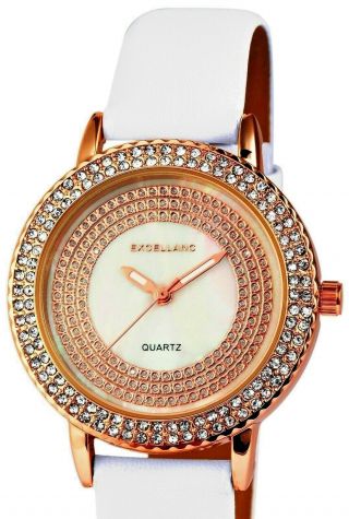 Glamour Damen Uhr Weiß Roségold Kristall Gold Schimmer Armbanduhr Quarzuhr