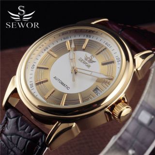Luxury Date Automatic Mechanical Mens Leather Band Wrist Watch Gentlemen Design