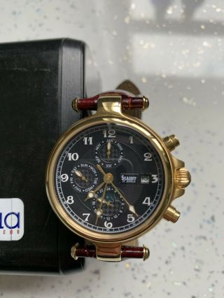 Mens Gold Plated Moon Phase Stauer Automatic Calendar Wrist Watch Day Date Month