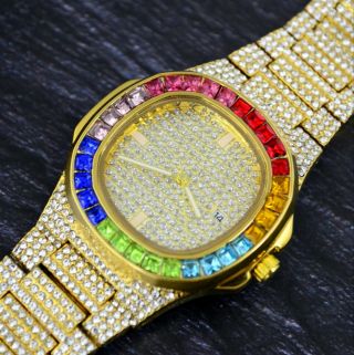 Luxus Iced Out Herrenuhr Armbanduhr Hip Hop Gold Farbe Analog Datumsanzeige