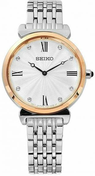 Seiko Ladies Sfq798 Crystal Accented Two Tone Ss Watch W/ Sunburst Dial