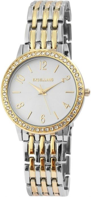 Excellanc Damenuhr Weiß Gold Silber Strass Analog Quarz Armbanduhr X1800125005