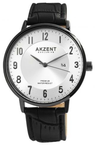 Akzent Herrenuhr Silber Schwarz Analog Datum Kunst - Leder Armbanduhr X2900189003