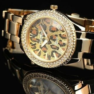 Damenuhr Quarz Armbanduhr Gold Bling Glitzer Steinchen Leopard Luxus 1508/003